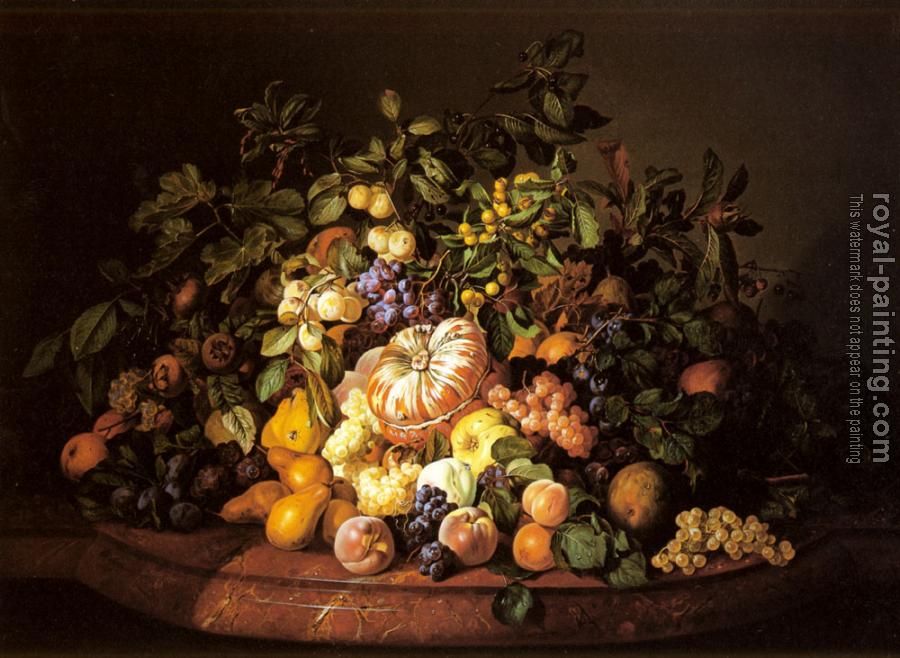 Leopold Zinnogger : A Still Life of Fruit on a Marble Ledge